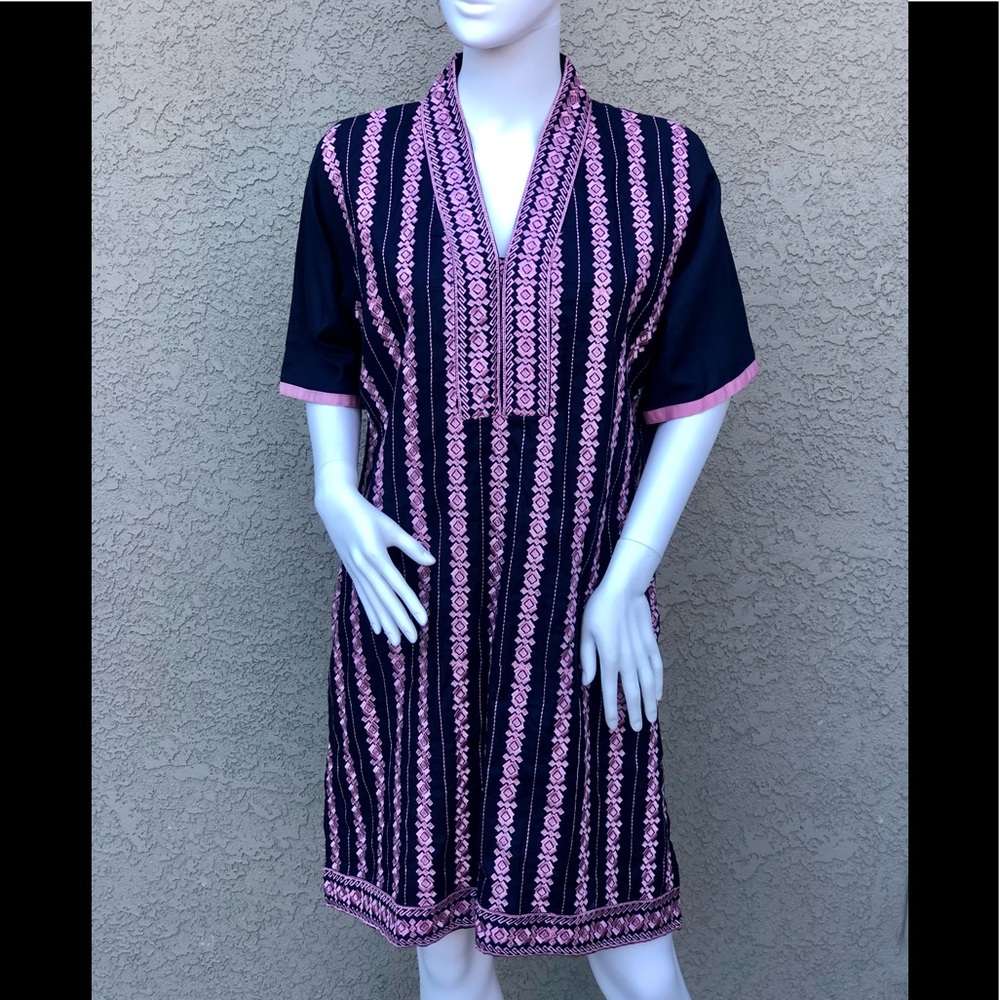 Navy dress with pink embroidered detailing